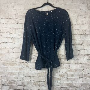 GANNI Women's Size 38 1621 Rosemont Crepe Blouse 3/4 Sleeve Navy White Pin Dots